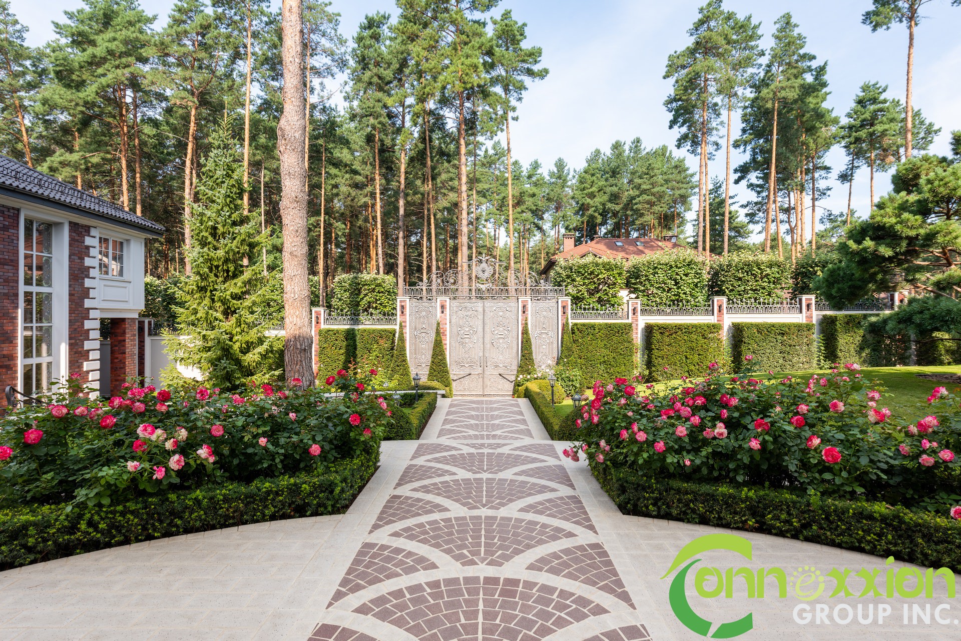 Garden with path near plants and trees near river